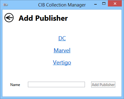 Screenshot of the initial 'add comic book publisher' screen for CIB