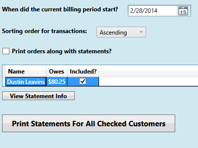 Screenshot of Leavins Inventory Manager - Customer Statement Screen