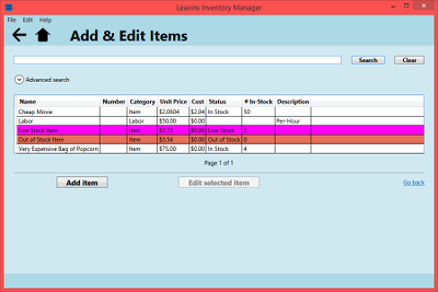 Screenshot of Leavins Inventory Manager - Item Inventory Screen