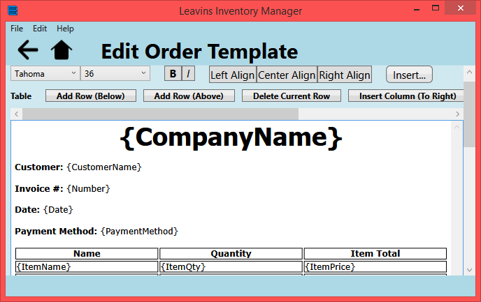 Screenshot of Leavins Inventory Manager's Edit Order Template page