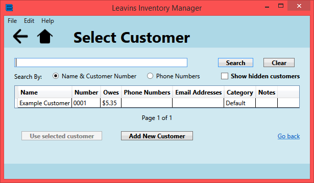 Screenshot of Leavins Inventory Manager's Select Customer Page